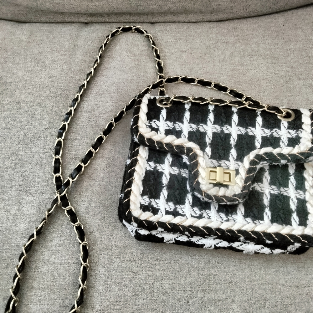 Black and White Tweed Crossbody Bag